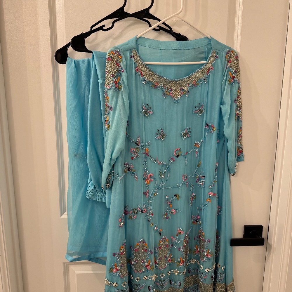 Pakistani Formal 3 Piece Outfit - Light Blue - Size Small